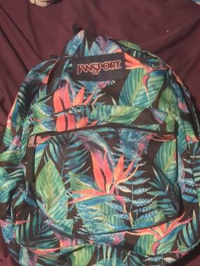 JanSport Black Backpack with Green & Coral Tropical Print